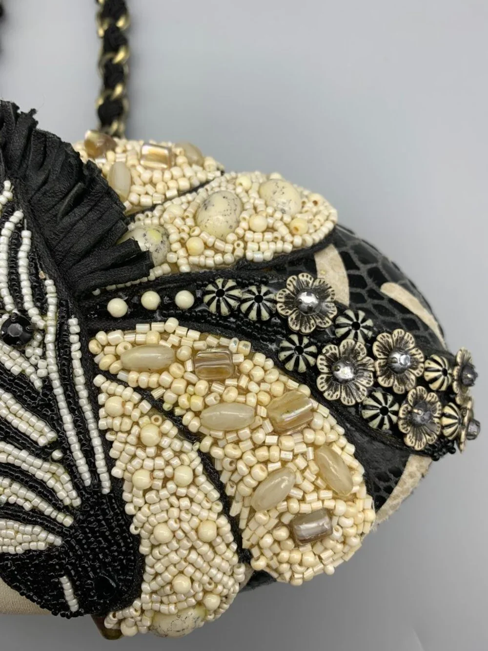 Vintage Mary Frances Zebra-Beaded Handbag Clutch with Removable Shoulder Chain